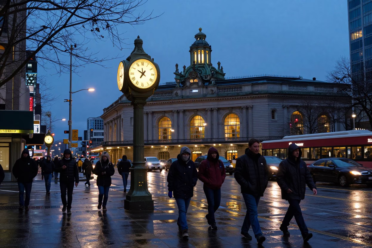 Seattle Twilight Street Scene with Train Station Clock and Urban Details in in Seattle, Washington, United States