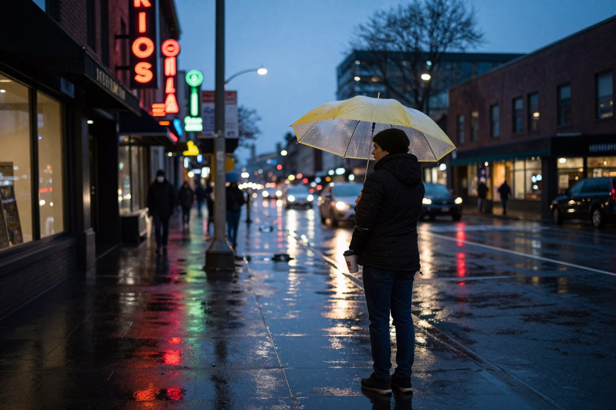Seattle Twilight Street Scene with Umbrella and Coffee Cup in in Seattle, Washington, United States