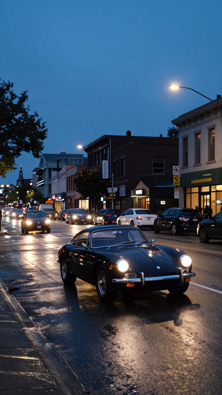 Seattle Twilight Street Scene with Vintage Sports Car and Outdoor Cinema Atmosphere in in Seattle, Washington, United States