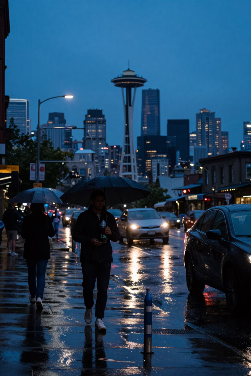 Seattle Twilight Street Scene with Water Bottle and Rainy Pavement Reflections in in Seattle, Washington, United States