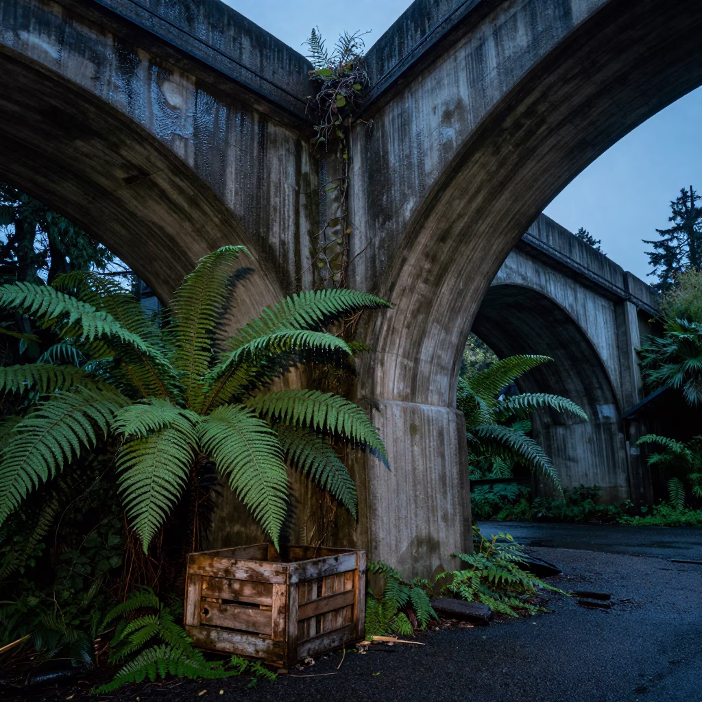 Seattle Twilight Viaduct Undercroft Dripping Stone Ferns Crate and Demolition Dumpster in in Seattle, Washington, United States