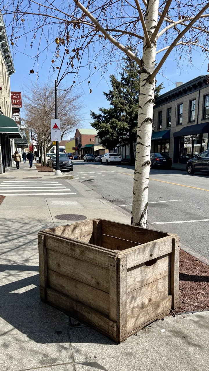 Seattle Urban Street Scene with Wooden Crate and Birch Tree at Noon in in Seattle, Washington, United States