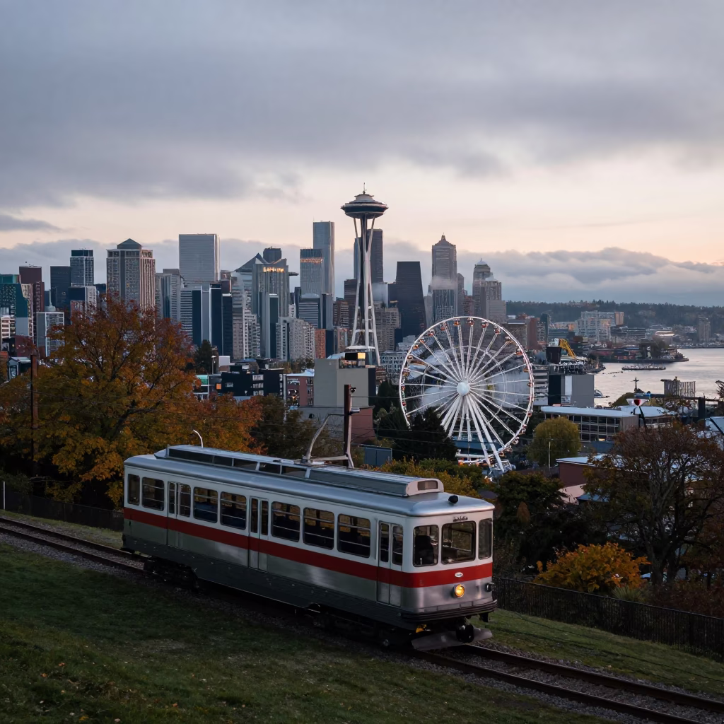 Seattle Washington Before Dawn Funicular Climbing Autumn Hillside with Brushed Steel Details in in Seattle, Washington, United States