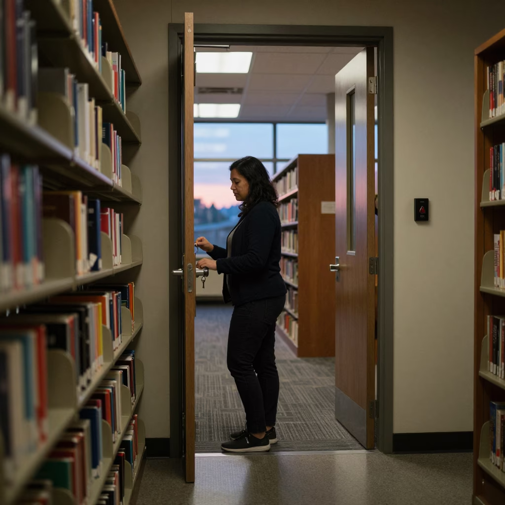 Seattle Washington Before Dawn Teacher Unlocking School Library With Brushed Steel Doorframe in in Seattle, Washington, United States