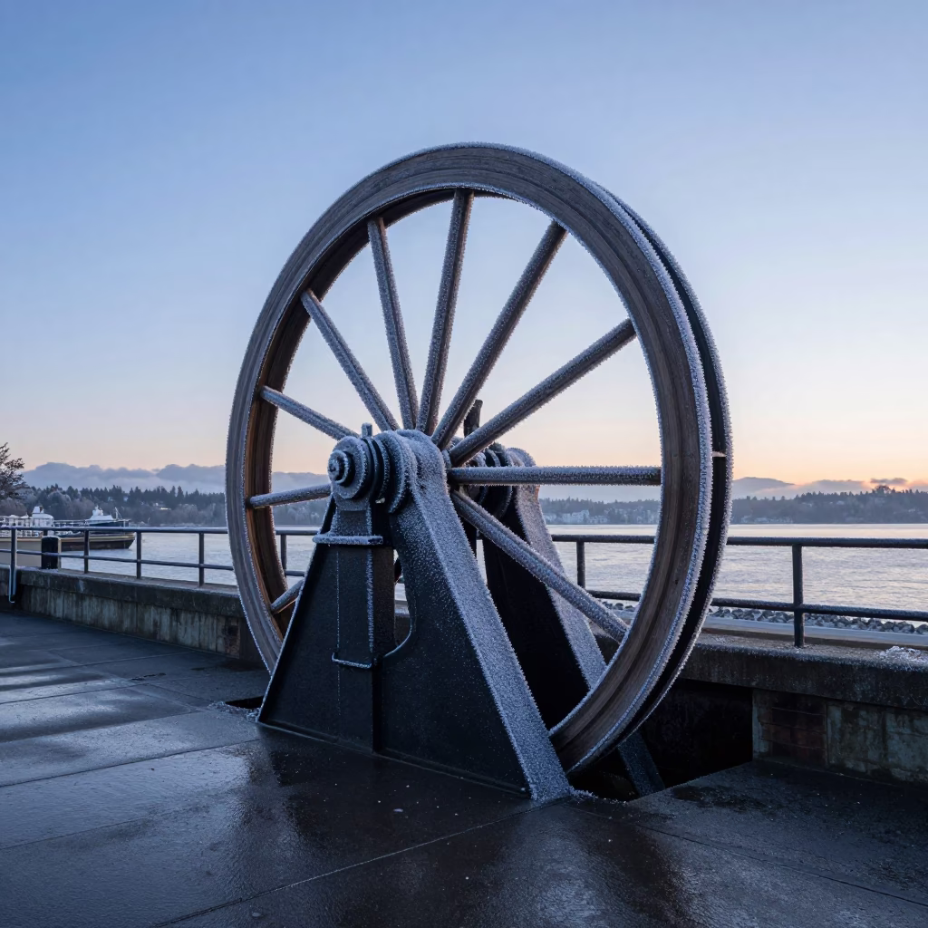 Seattle Washington Before Sunrise Sluice Gate Wheel Frosted in Cool Stillness in in Seattle, Washington, United States