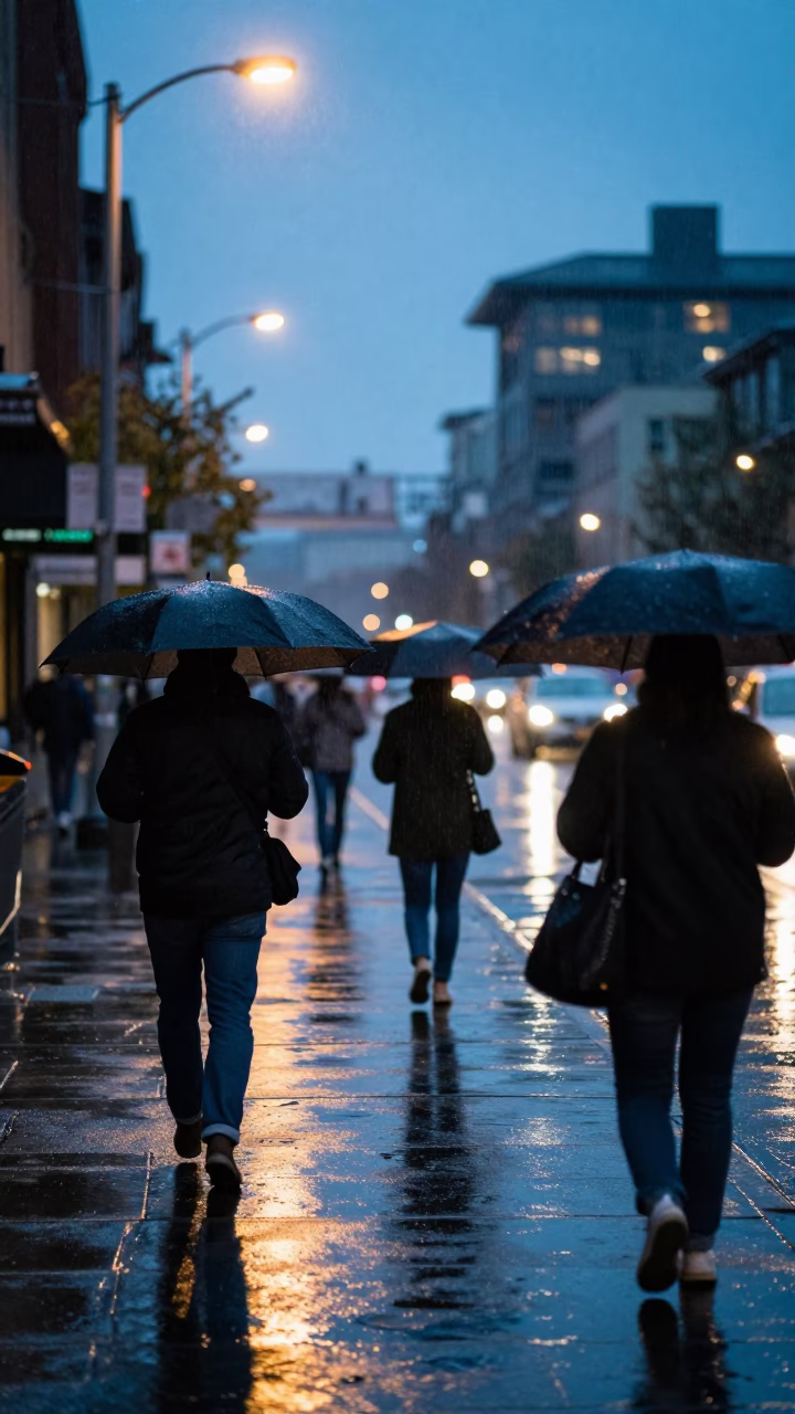Seattle Washington Blue Hour Street Scene with Umbrellas and Rain in in Seattle, Washington, United States