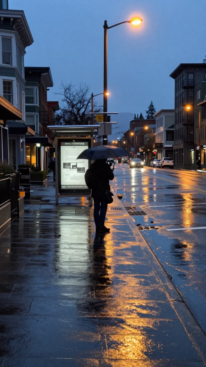 Seattle Washington Blue Hour Street Scene with Wet Pavement and Urban Reflections in in Seattle, Washington, United States