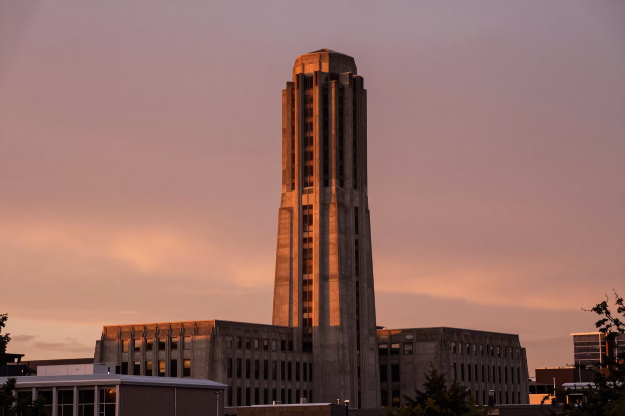 Seattle Washington Brutalist Concrete University Tower Dusk Horizon Shot with Rain and City Lights in in Seattle, Washington, United States