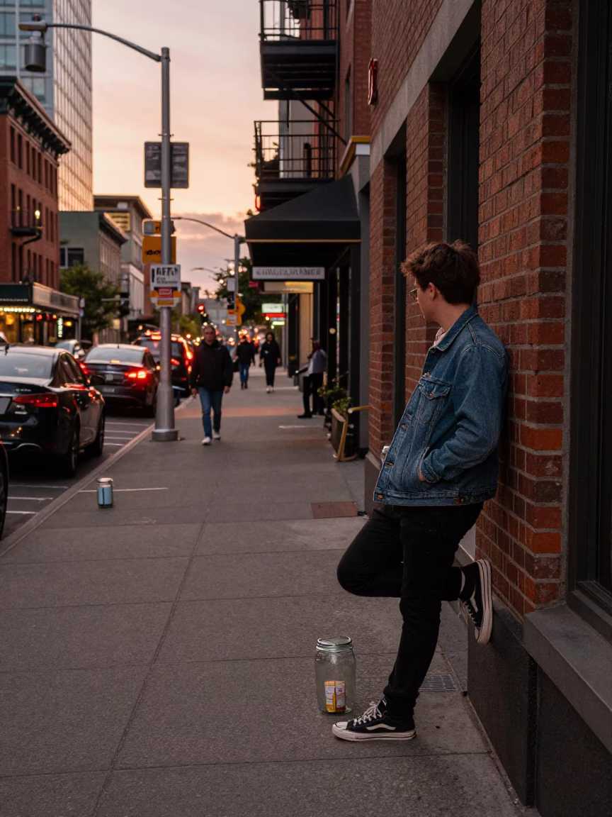 Seattle Washington Copper Dusk Street Scene with Glass Jar and Skateboard in in Seattle, Washington, United States