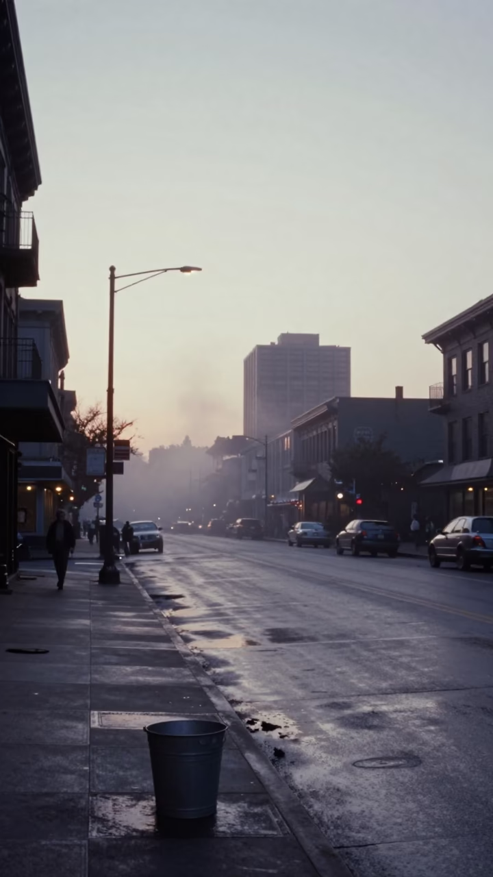 Seattle Washington Dawn Street Scene with Steam Haze and Urban Architecture at First Light in in Seattle, Washington, United States