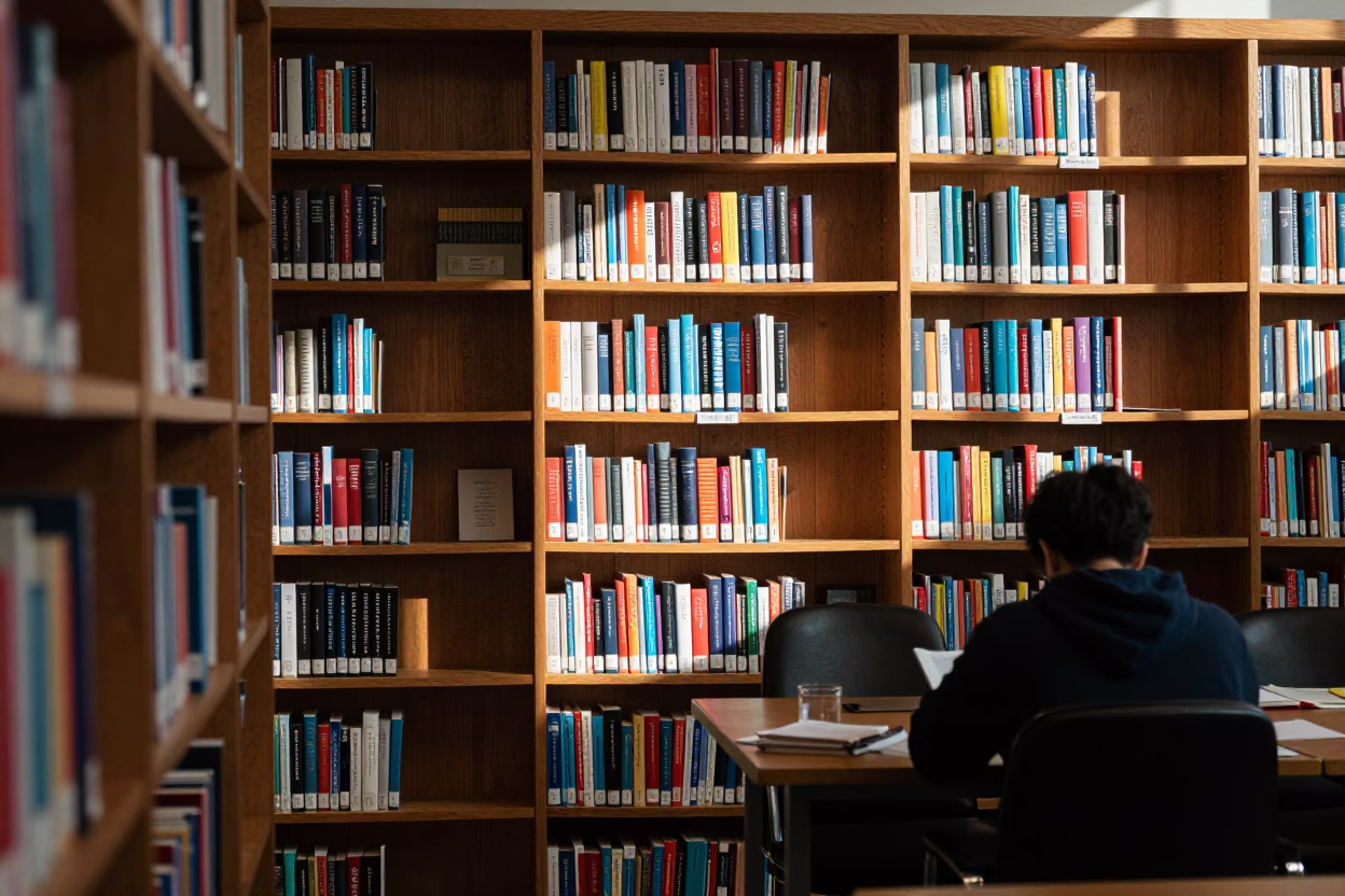 Seattle Washington Early Afternoon University Library Bookshelf with Students Studying in in Seattle, Washington, United States