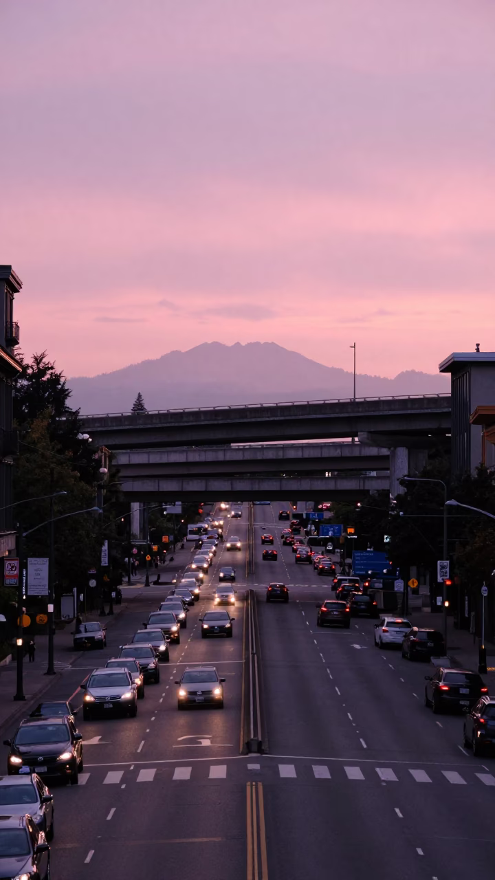 Seattle Washington Early Evening Highway Flyover and Pink Sky Street Scene in in Seattle, Washington, United States