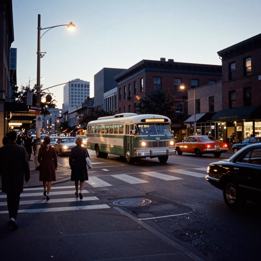 Seattle Washington Early Evening Street Scene with Vintage Cars and City Lights in in Seattle, Washington, United States
