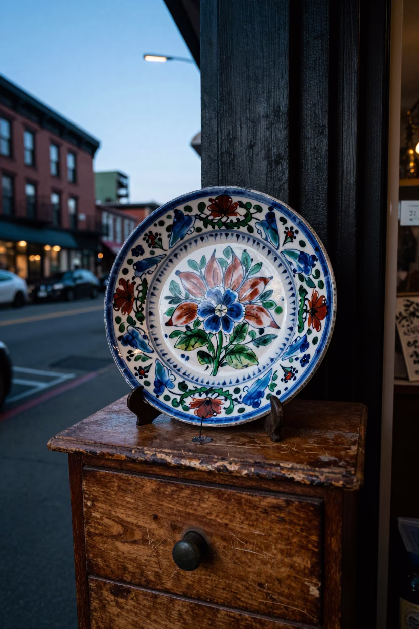 Seattle Washington Early Evening Street Scene with Vintage Majolica Plate and Apothecary Scale in in Seattle, Washington, United States