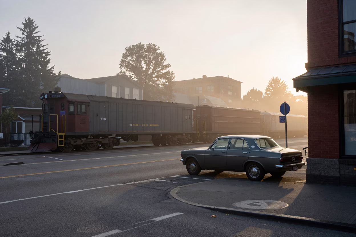 Seattle Washington Early Morning Street Scene with Lumber Train and Local Life in in Seattle, Washington, United States