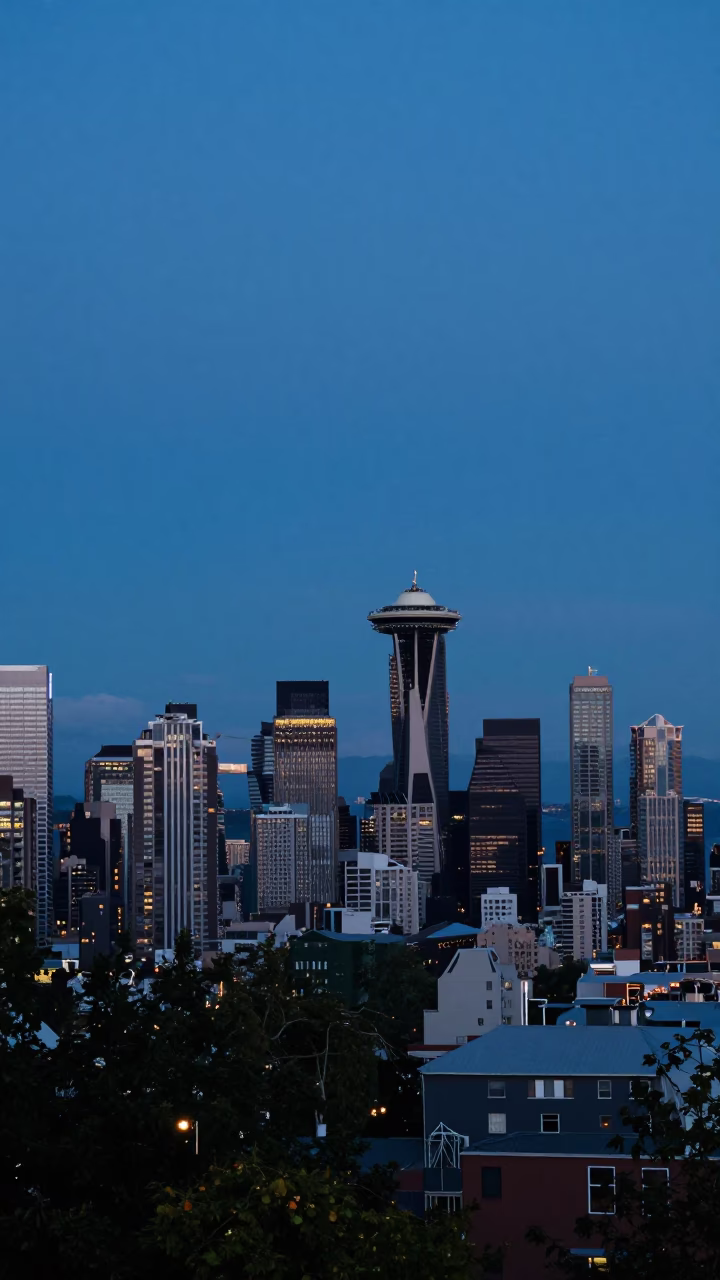 Seattle Washington Evening Blue Hour Skyline View with Distant Waterfront Activity in in Seattle, Washington, United States