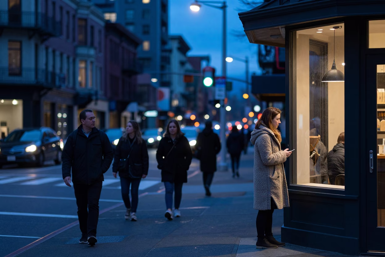 Seattle Washington Evening Blue Hour Street Scene with Coffee Culture and Local Life in in Seattle, Washington, United States