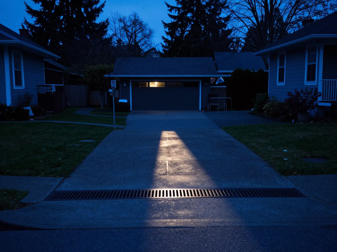 Seattle Washington Evening Blue Hour Street Scene with Driveway Drain and Icicles in in Seattle, Washington, United States