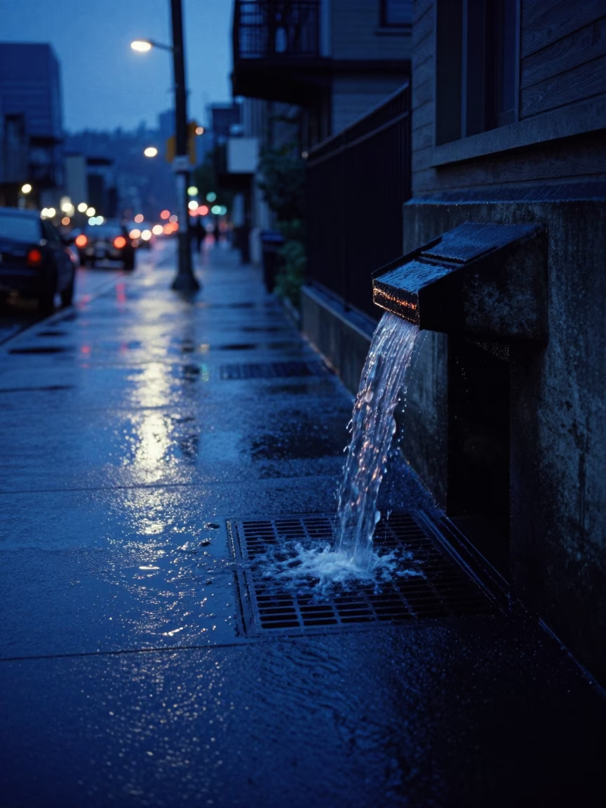 Seattle Washington Evening Blue Hour Street Scene with Storm Drain Outfall and Swollen River in in Seattle, Washington, United States