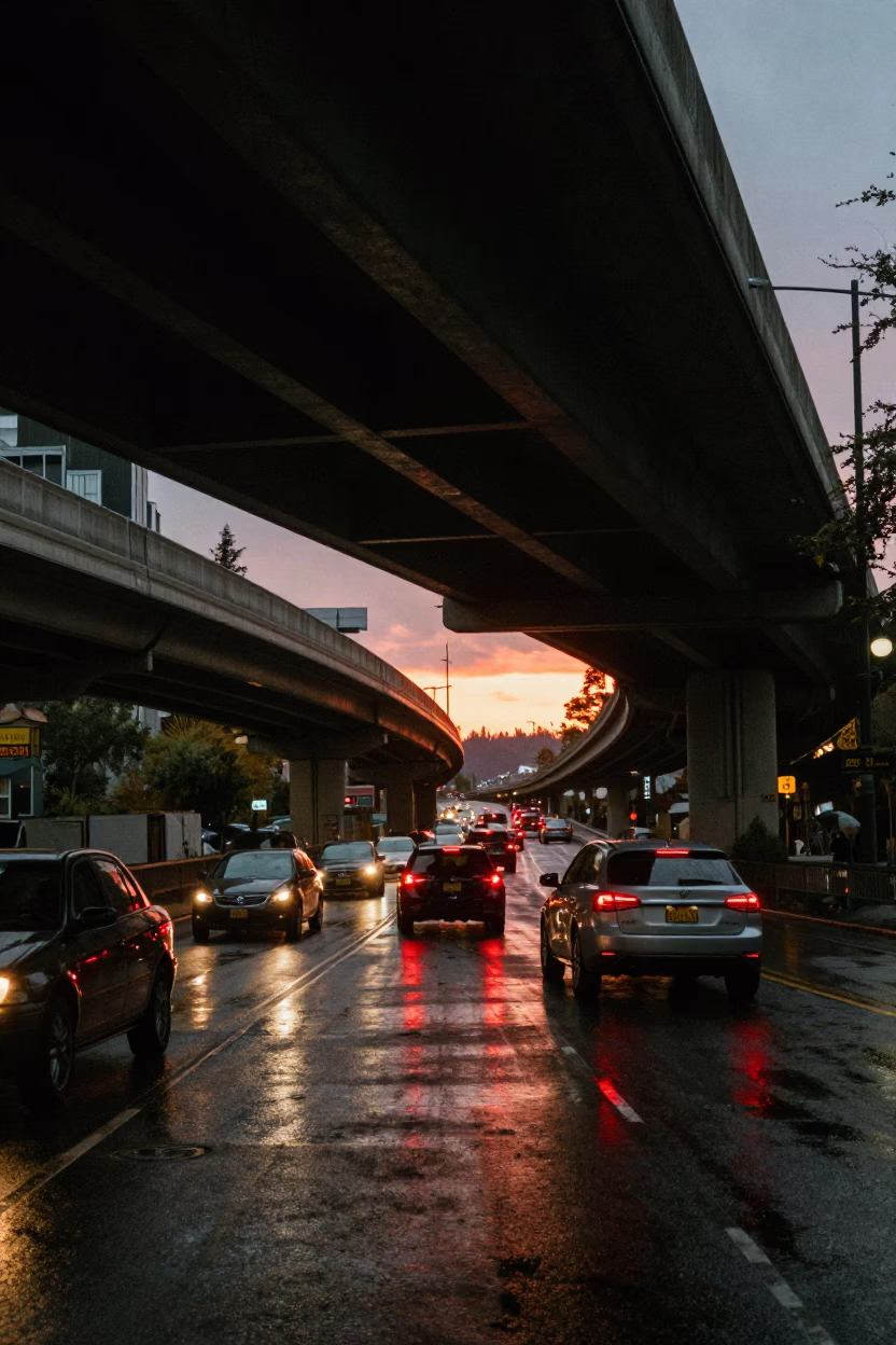 Seattle Washington Evening Commute Under Overpass Interchange Lane Split Lit by Taillight Streaks in in Seattle, Washington, United States