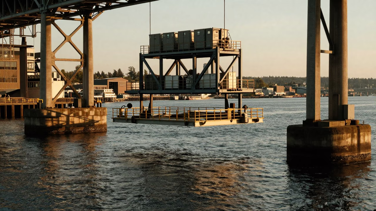 Seattle Washington Evening Light Bridge Maintenance Cradle and River Scene in in Seattle, Washington, United States