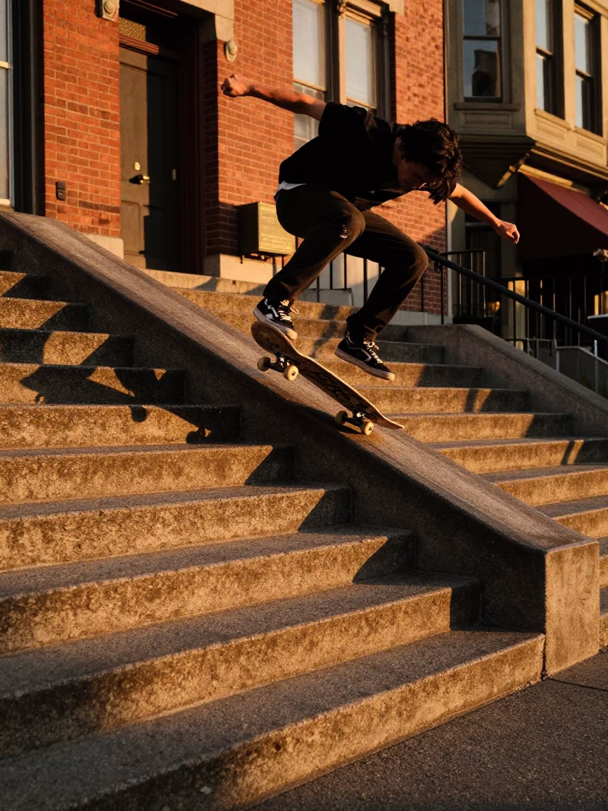 Seattle Washington Evening Light Skater Kickflip Over Staircase Gap in in Seattle, Washington, United States