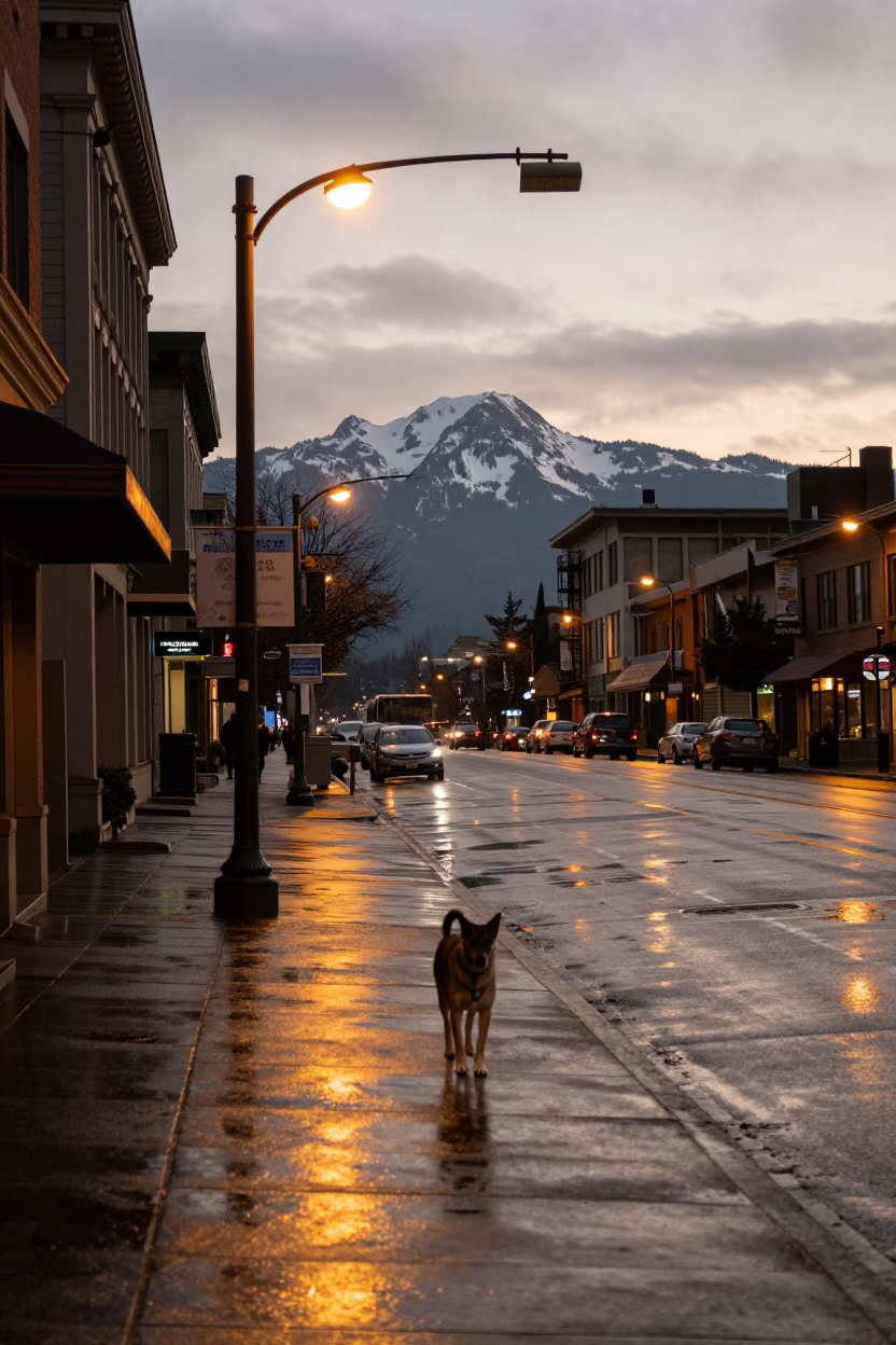Seattle Washington Evening Light Street Scene with Dog and Urban Details in in Seattle, Washington, United States