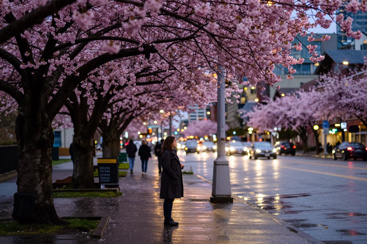 Seattle Washington Evening Street Scene with Cherry Blossoms and City Lights in in Seattle, Washington, United States