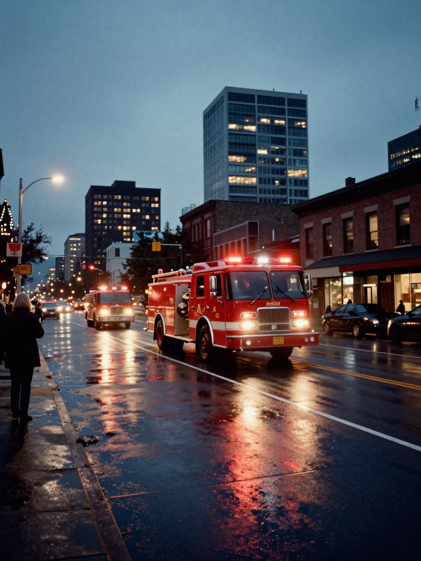 Seattle Washington Evening Street Scene with Fire Engine and City Lights in in Seattle, Washington, United States