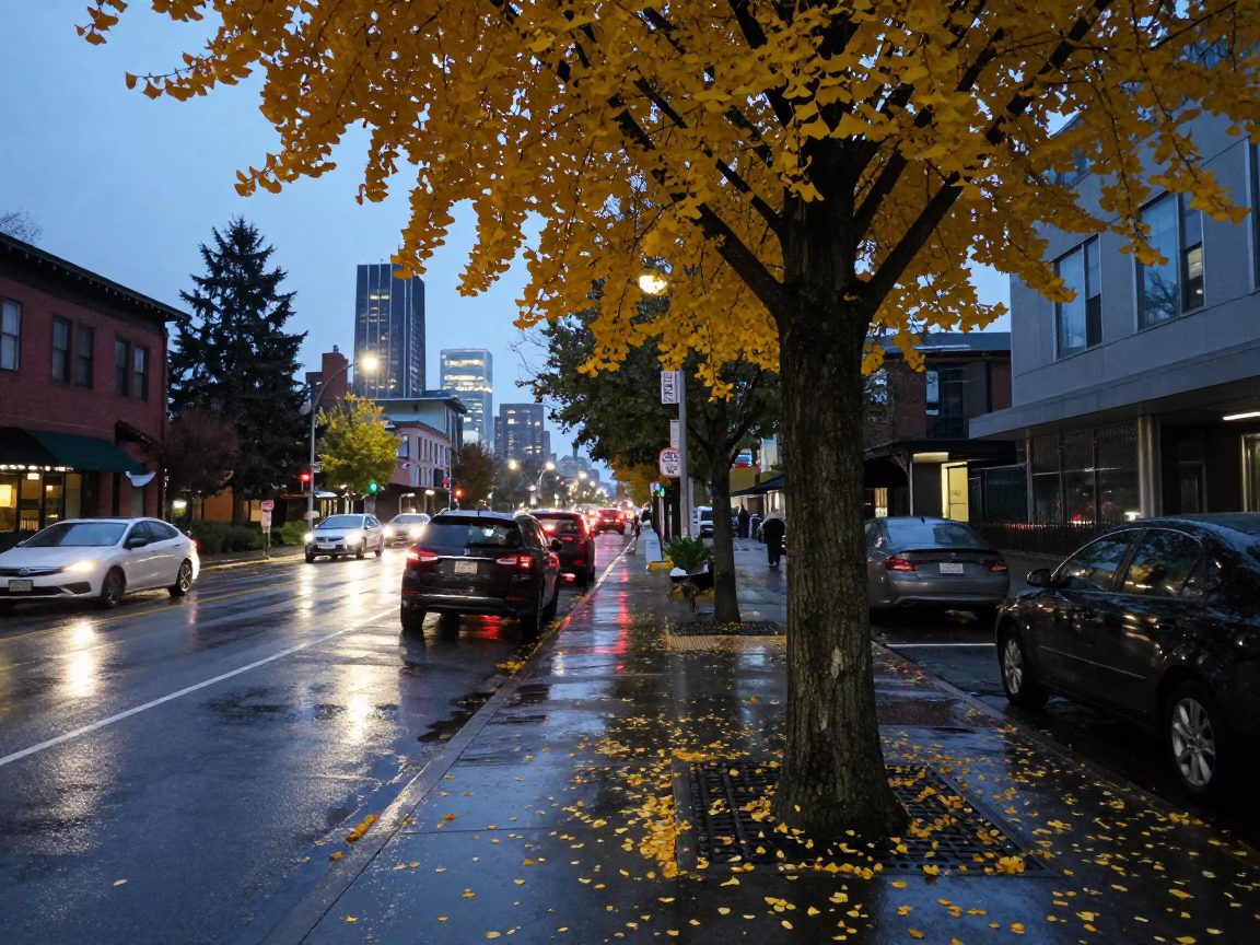 Seattle Washington Evening Street Scene with Ginkgo Tree and City Lights in in Seattle, Washington, United States