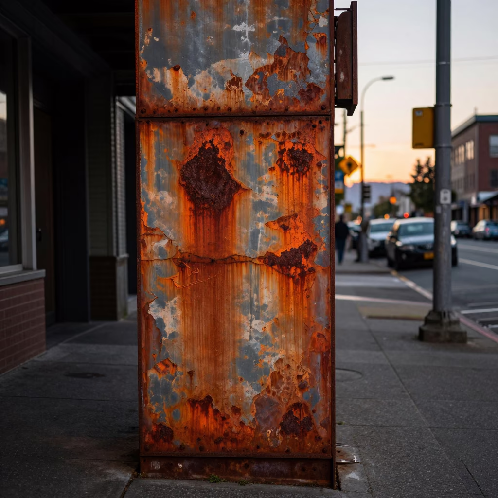 Seattle Washington Evening Street Scene with Rusty Metal and Urban Details in in Seattle, Washington, United States