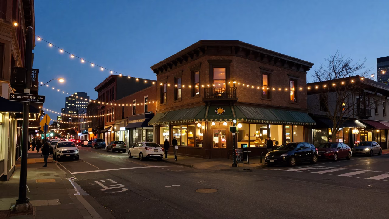 Seattle Washington Evening Street Scene with String Lights and Vintage Architecture in in Seattle, Washington, United States