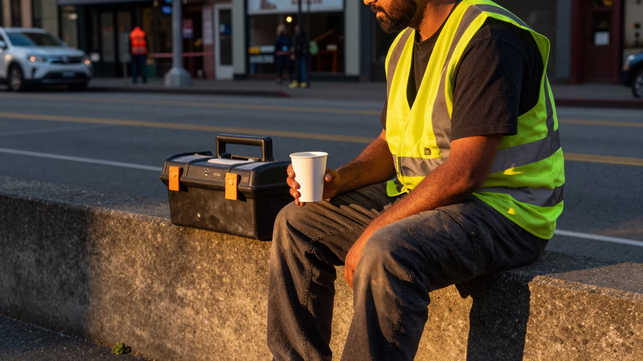 Seattle Washington Evening Street Scene with Toolbox and Espresso Cup in in Seattle, Washington, United States