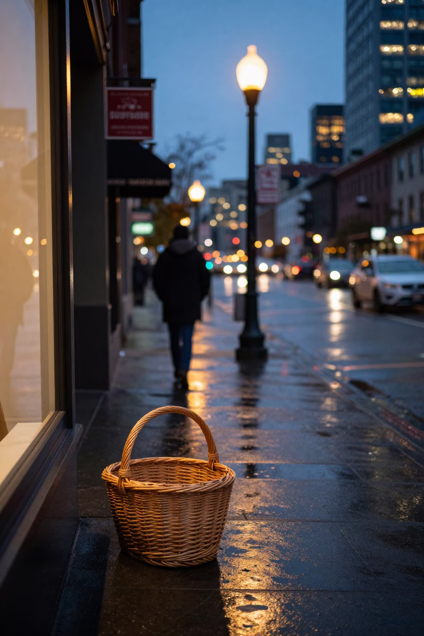 Seattle Washington Evening Street Scene with Wicker Basket and City Lights in in Seattle, Washington, United States