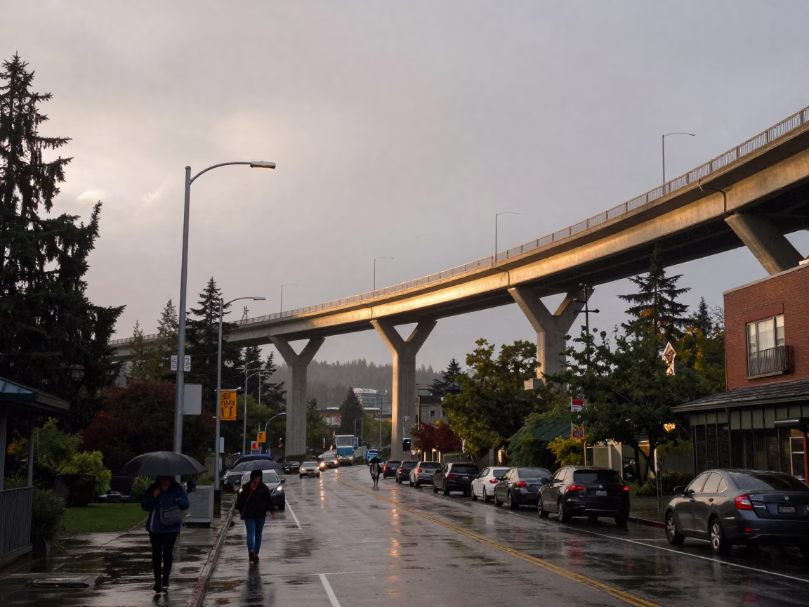 Seattle Washington First Light Concrete Viaduct and Rainy Street Scene in in Seattle, Washington, United States