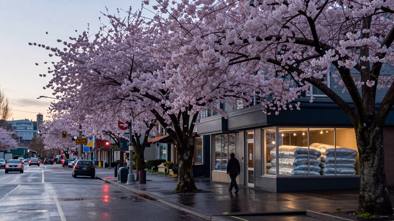 Seattle Washington First Light Dawn Street Scene with Cherry Blossoms and Urban Atmosphere in in Seattle, Washington, United States