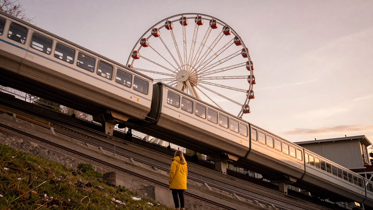 Seattle Washington Funicular Climbing Steep Hill in Copper Toned Light Before Dusk in in Seattle, Washington, United States