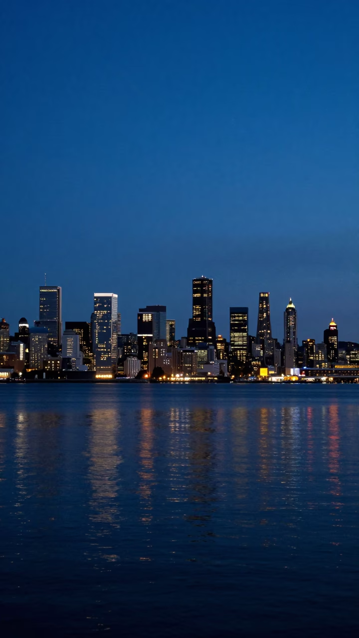 Seattle Washington Harbor Breakwater at Blue Hour City Lights Glowing in in Seattle, Washington, United States
