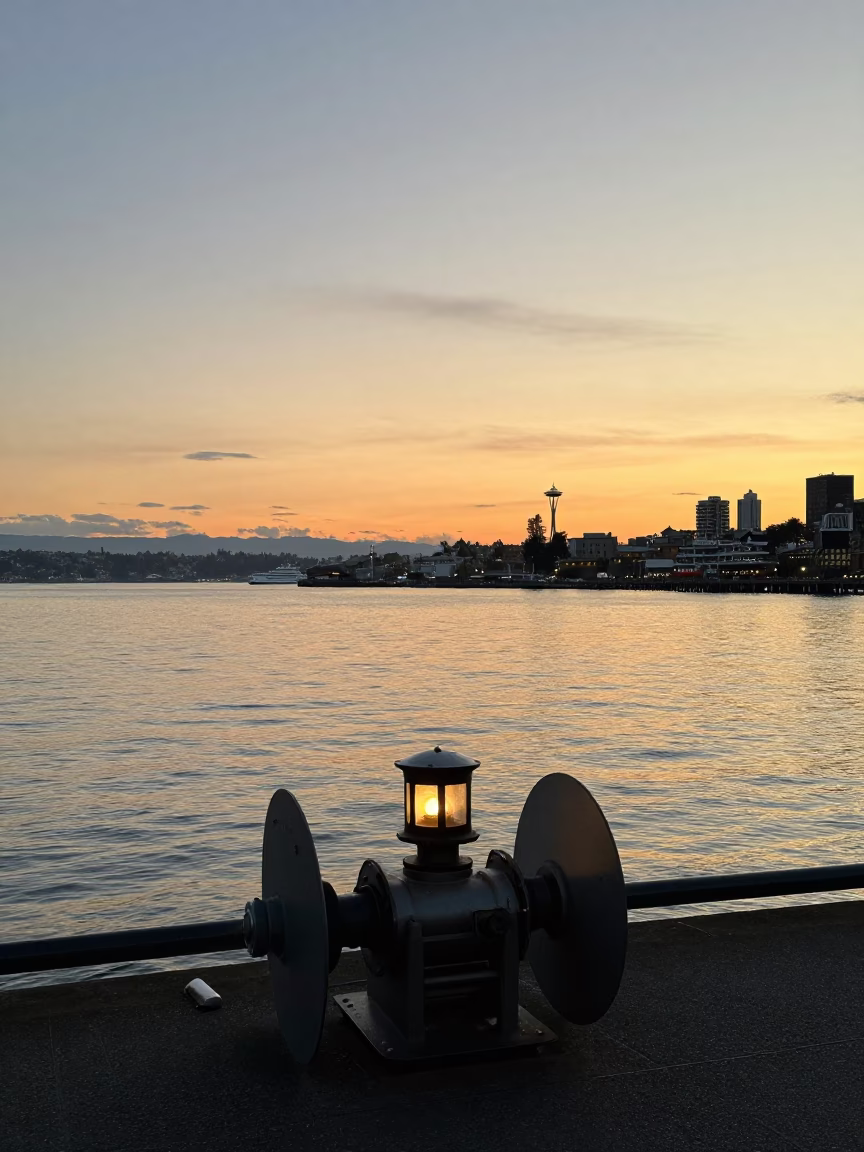 Seattle Washington Harbor Evening Light Hydrophone Winch and Golden Water Reflections in in Seattle, Washington, United States