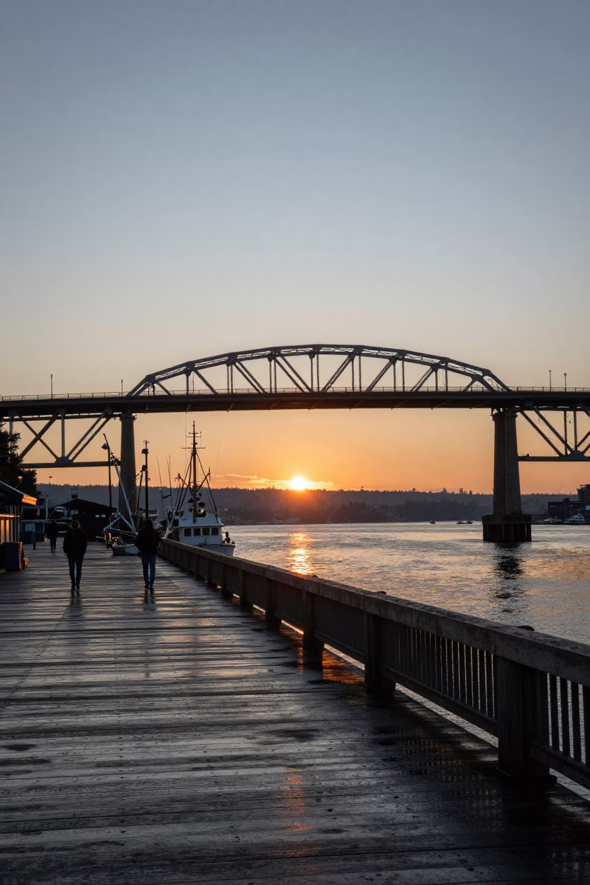 Seattle Washington Harbor Sunset View of Drawbridge and Fishing Boats in in Seattle, Washington, United States