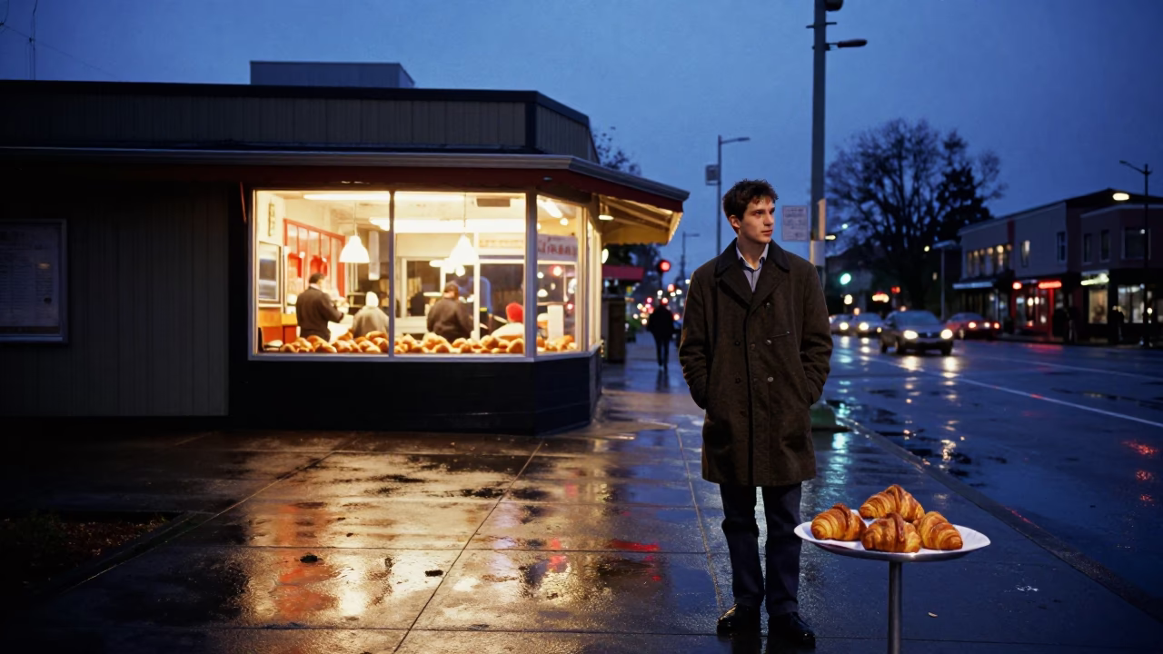 Seattle Washington Indigo Twilight Street Scene with Fresh Croissants and Hose Nozzle in in Seattle, Washington, United States