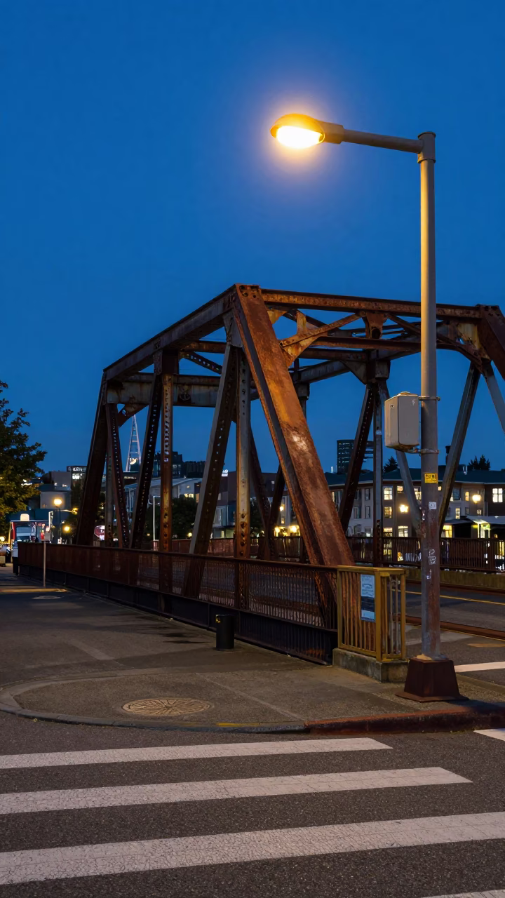Seattle Washington Indigo Twilight Street Scene with Rusted Drawbridge and Urban Elements in in Seattle, Washington, United States