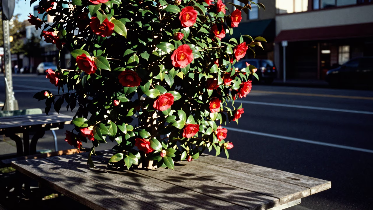 Seattle Washington Late Afternoon Camellia Flowers and Leaf Shadows on Wooden Table in in Seattle, Washington, United States