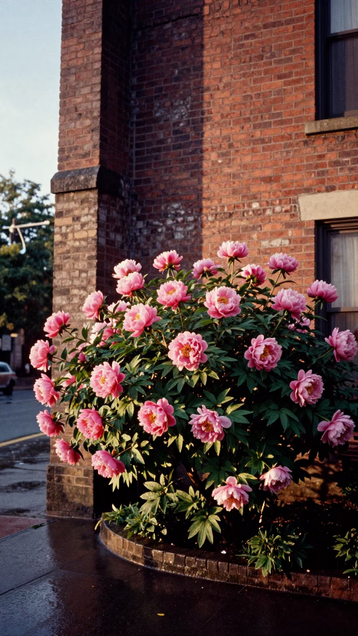 Seattle Washington Late Afternoon Rain Peony Bush and Brick Architecture in in Seattle, Washington, United States