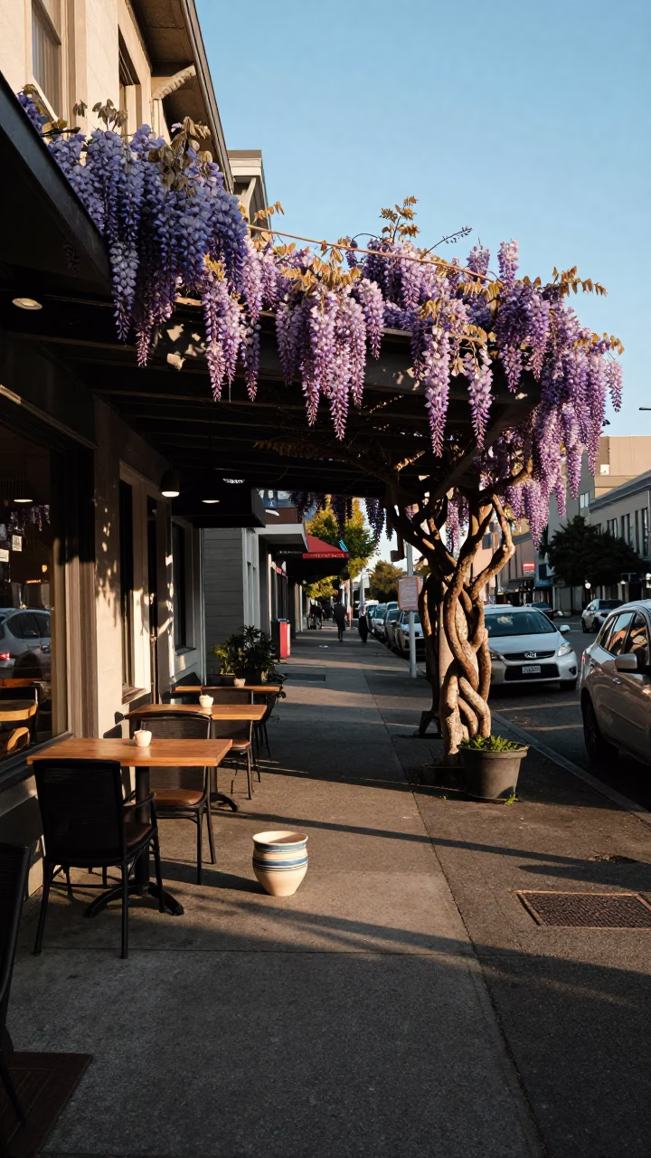 Seattle Washington Late Afternoon Street Scene with Ceramic Cup and Wisteria Pergola in in Seattle, Washington, United States