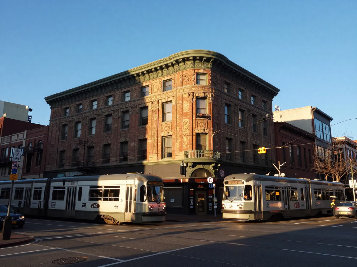 Seattle Washington Late Afternoon Street Scene with Tram and Art Nouveau Facades in in Seattle, Washington, United States