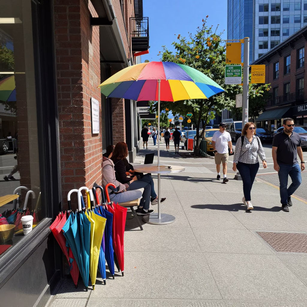 Seattle Washington Midmorning Street Scene with Colorful Umbrellas and Urban Architecture in in Seattle, Washington, United States