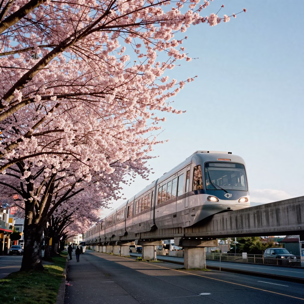 Seattle Washington Monorail and Cherry Blossoms in Clear Late Afternoon Light in in Seattle, Washington, United States