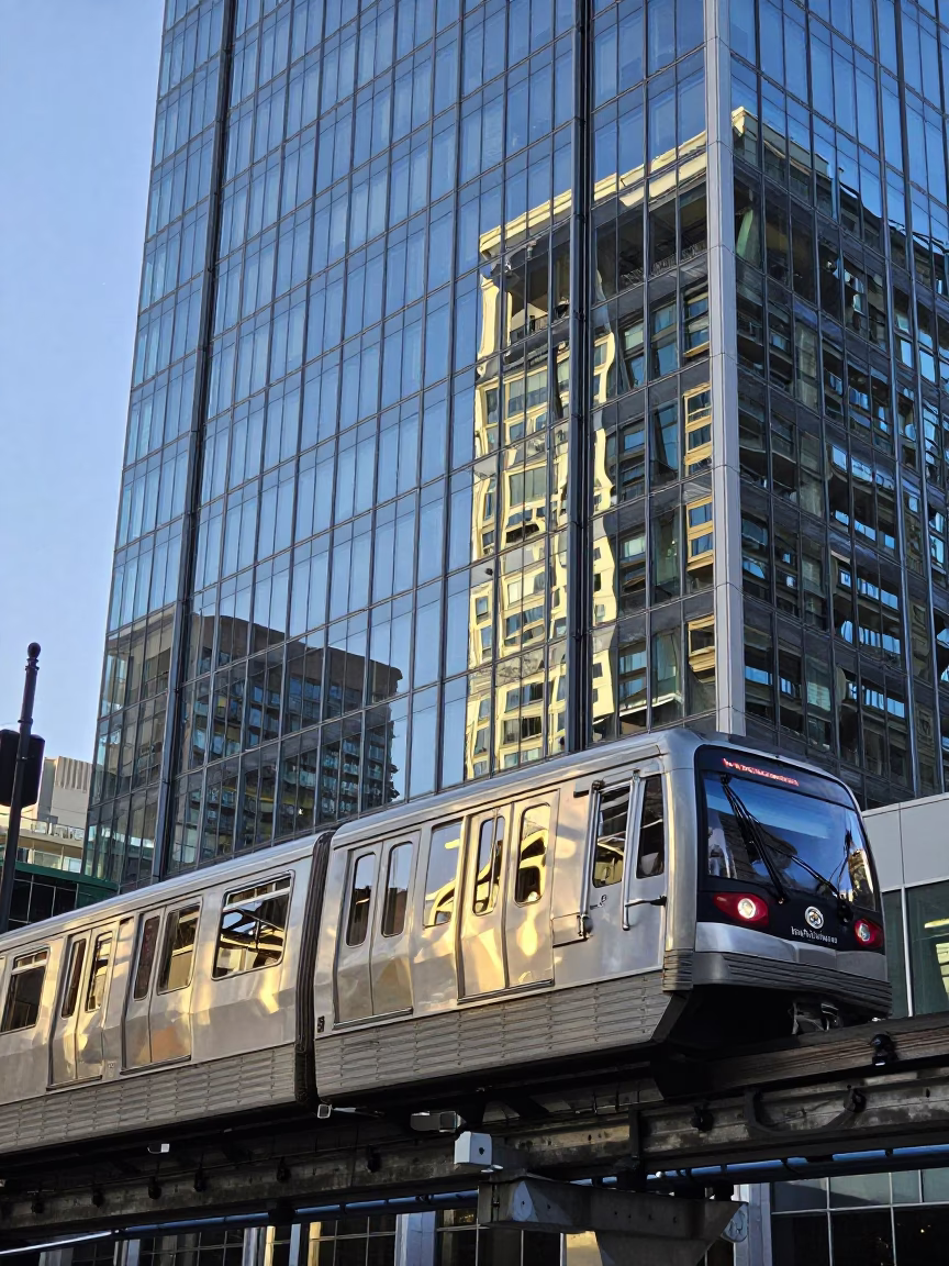 Seattle Washington Monorail Reflection in Glass Skyscraper Late Afternoon Light 1990s in in Seattle, Washington, United States