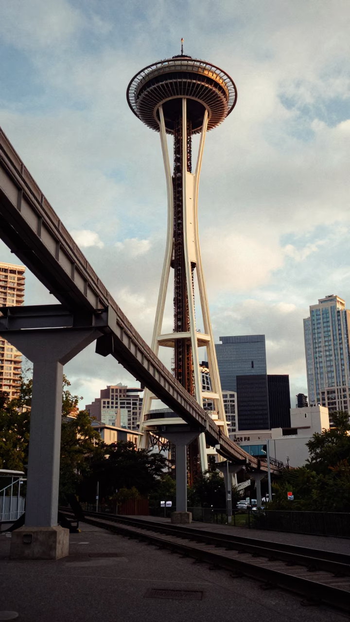 Seattle Washington Monorail Track and Space Needle Late Afternoon Urban Scene in in Seattle, Washington, United States